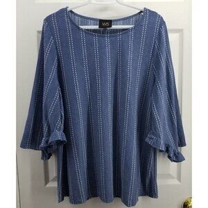 W5 Woman’s Top Sz 1X Blue Striped Ruffled 3/4 Sleeve Pullover Blouse